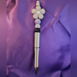 Silver Floral Silicone Beaded Ballpoint Pen - Purple Accent
